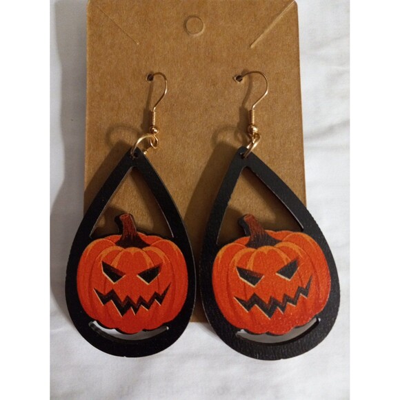 Halloween Dangle Earrings Jack-O-Lanterns Wooden 3 Inch Drop x 1.5 Inches Wide - Picture 2 of 5